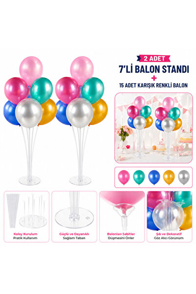 Sakin Sokak 2 Adet 7’li Balon Standı Seti + 15 Adet Renkli Balon Masa Üstü Do...