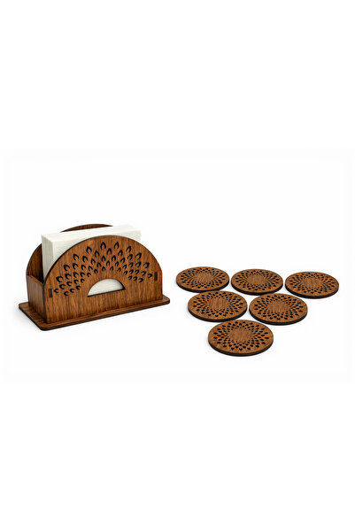 AS TASARIM LAZER Decorative Wooden Napkin Holder and Set of 6 Coasters