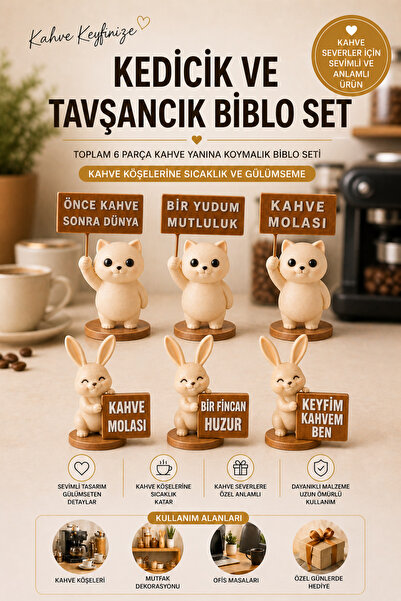Lumis Home Kedicik ve Tavşancık Biblo Seti 6 Parça – Kahve Köşesi Dekoru, Sev...
