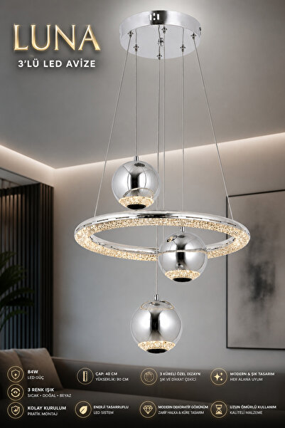 Elvora Home Modern PREMİUM Krom Küreli 3 Renkli LEDli Sarkıt Avizesi Salon Mu...