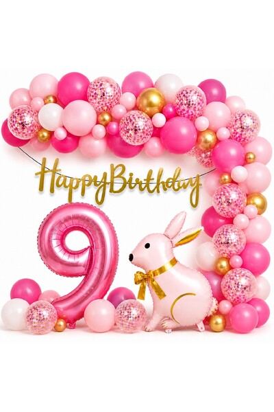 BKMC PARTY Pink Rabbit Birthday Set for 9 Years Old – Gold Balloon Chain Happ...