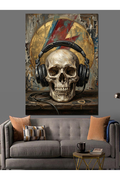 Artmeg Pânză decorativă cu logo-ul schelet și fulger cu căști - Tablou din le...