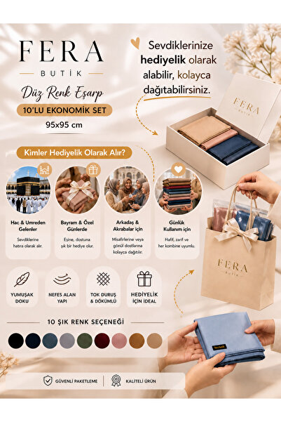 fera butik طقم من 10 أوشحة مقاس 95x95 سم |   قطن، لون سادة، مجموعة هدايا الحج...