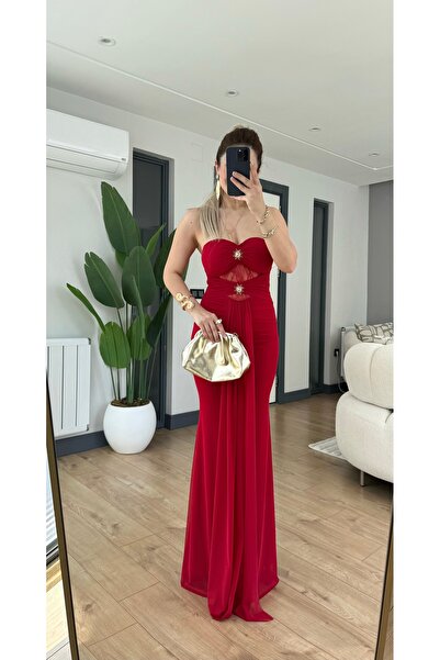 Yasmin Butik Lace Detailed Strapless Long Dress