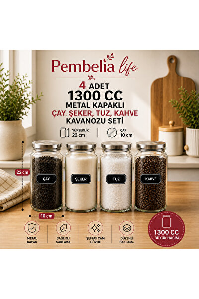 Kitchen Pembelia 4 Adet Metal Kapaklı Cam 1300cc Çay Şeker Tuz Kahve Saklama ...
