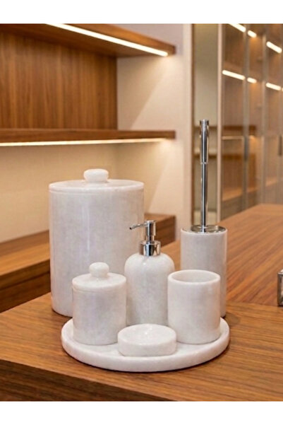 STONİST HOME DEKORASYON 7 Lİ BEYAZ MERMER BANYO SETİ MERMER KULPLU