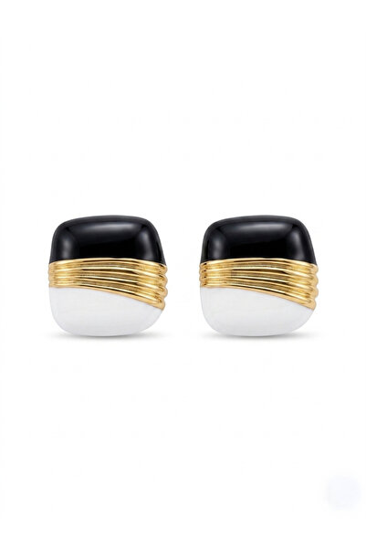 Pelin Aksesuar Black and White Enamel Gold Striped Modern Earrings