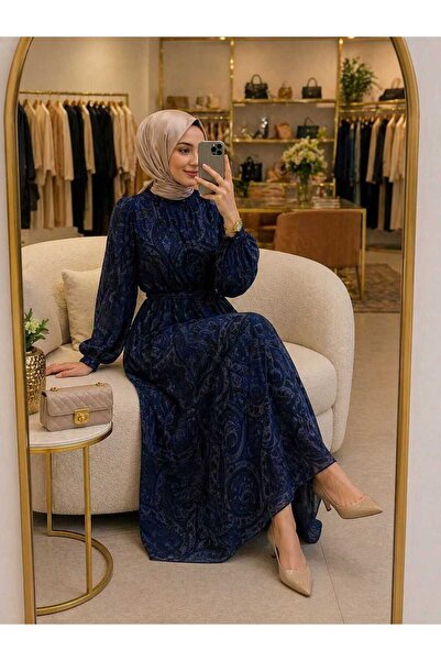 MODA ALMİRA 6250 K 200 MAVİ ETNİK DESEN ASTARLI ŞİFON ELBİSE