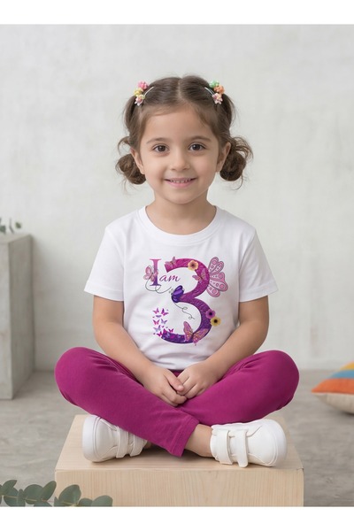 Funkaar Birthday Girl, 3rd Year Butterfly Birthday Graphic Print T-Shirt