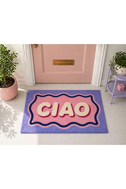 Rugs Modern Halı Aura Serisi – Ciao Yazılı Retro Dalgalı Mor Pembe Dokuma Tab...