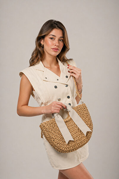 Karşıyaka Bijuteri Camel Straw Strap Hand and Shoulder Beach and Daily Bag 30...