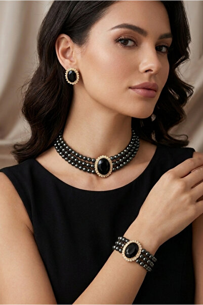 Happyline Oval Taşlı Siyah İncili Choker Set Takım, Siyah Cam İncili Kolye , ...