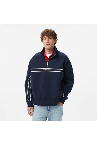 Calvin Klein Cotton Spacer Stripe Erkek Mavi Sweatshirt