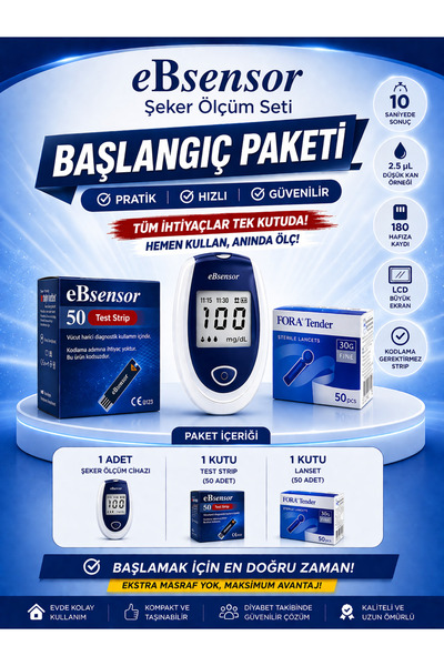 Ebsensor Şeker Ölçüm Cihazı 1 Kutu Strip (50 ADET) 1 Kutu (50 ADET) Lanset Ba...