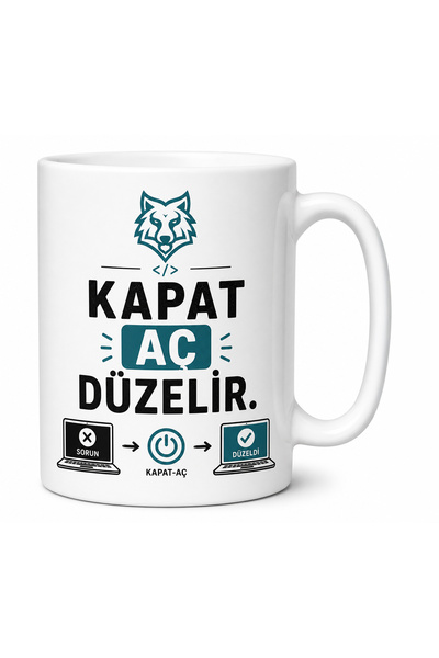 Çakaldere Yazılım "Kapat Aç Düzelir" Yazılımcı Kupa Bardağı – IT Çözüm Serisi