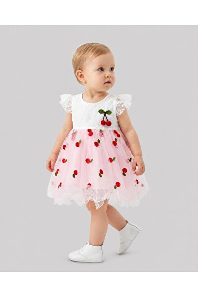 MODA kız bebek kiraz işlemeli tütülü elbise