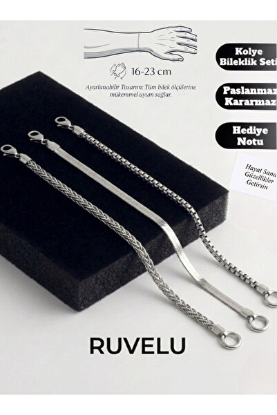 ruvelu 3'lü Paslanmaz Kararmaz Çelik Bileklik Seti – Hediye Paketli ve Hediye...