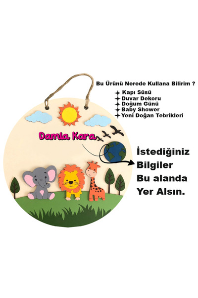 karalar ahşap Kişiye Özel İsimli Bebek Kapı Süsü 30x30 cm