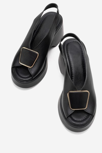 PASSAGE SHOES صندل نسائي بكعب عريض من الجلد الطبيعي 6364 أسود