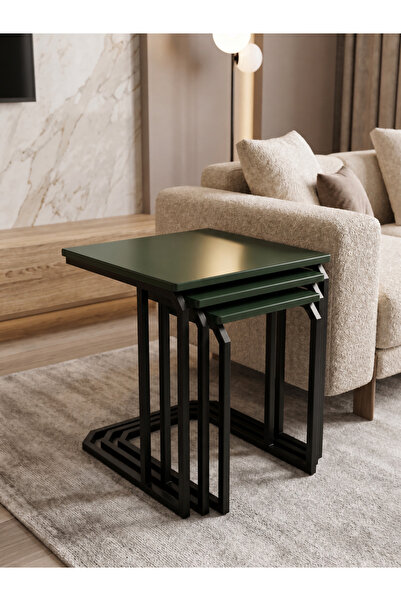 ZİYEMİ Enco Collection Premium 18 mm Lake MDF Tablalı Siyah Metal Ayaklı 3’lü...