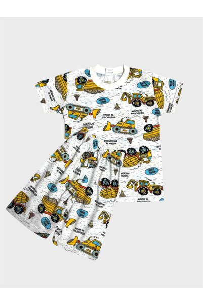 ALİŞ KİDS Boy's Cotton White Car Engineering Vehicle Patterned Short Sleeve Shorts Summer Pajama Set