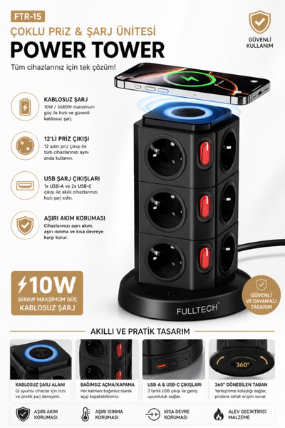 CROW'S TECH Çoklu Priz 12’li Priz USB-C USB-A Kablosuz Şarj 10W 3680W Güç Mag...