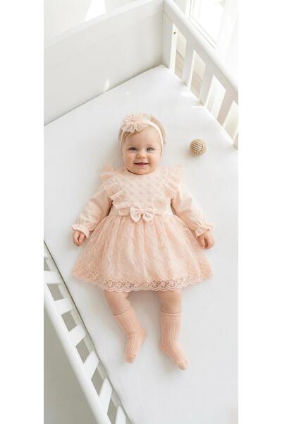 Miniday Baby Kız Bebek Mevlütlük Elbise Bandanalı Dantelli Yenidoğan Hastane ...