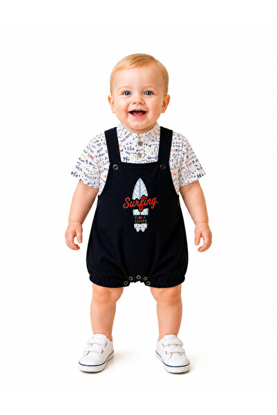 Arı Bebe Yazlık erkek bebek için keten kumaştan kısa paça slopet bahçıvan içi...
