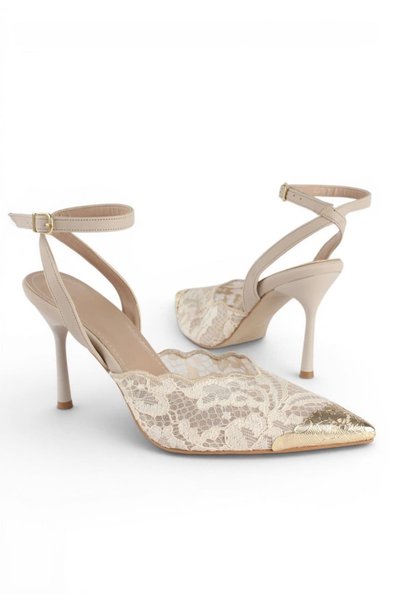 luuq shoes Lune Pointed Toe Lace Embroidered Gold Metal Buckle Heeled Shoes