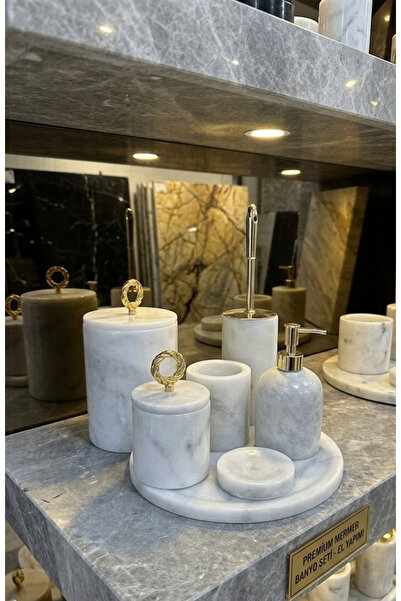 STONİST HOME DEKORASYON halka kulp desenli beyaz mermer banyo seti