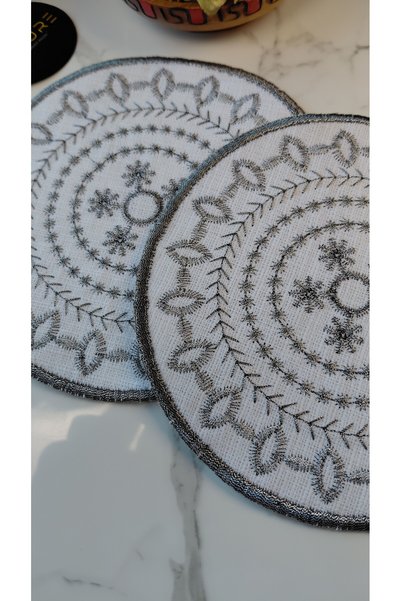 NESTURE Silver Embroidered Linen Cocktail Presentation Napkins, Pack of 2 |   Authentic Mandala Series Mira
