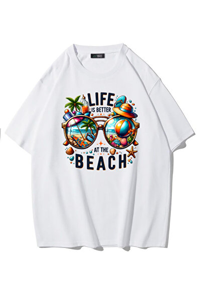 BRZ COLLECTION Tricou Unisex Oversize Viața e mai bună la plajă (ALB)