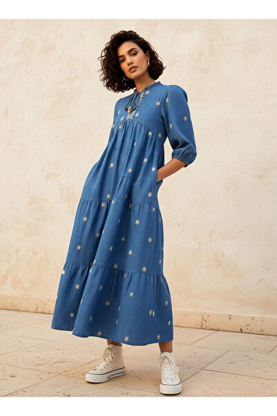 Lee Cooper Embroidered Midi Denim Dress with Tie-Up Neck
