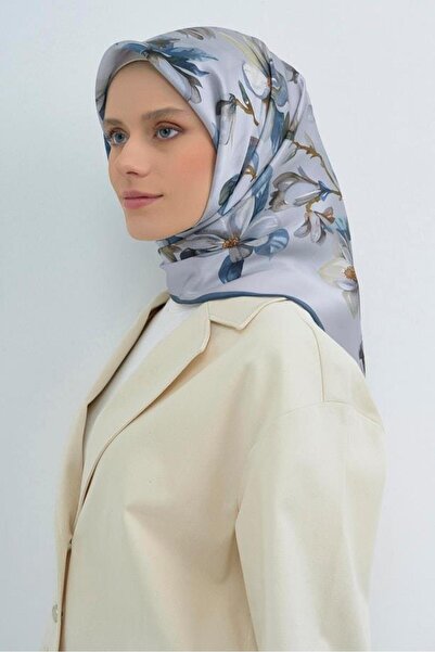 Armine Sura Pure Silk Scarf 9524 - 01 Light Blue Gray Floral Pattern