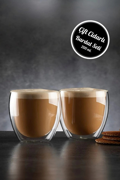 Tilbe Home 2li Çift Cidarlı Bardak 200 ml Ev Ofis Çay Fincanı Kahve Sunum Bar...
