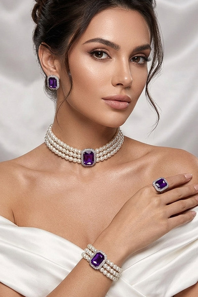 Happyline İncili baget mor taşlı gümüş kaplama cam inci choker kolye tasarım ...