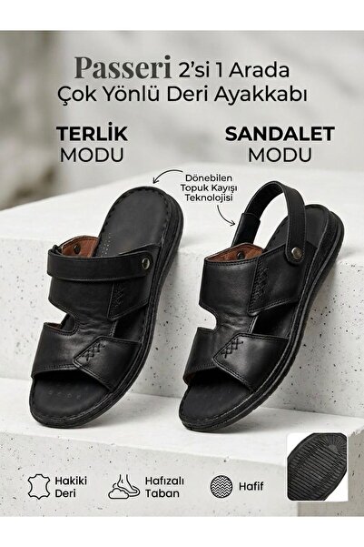 Passeri Shoes صندل رجالي أسود من الجلد الطبيعي 2 في 1 مع نعل خفيف الوزن