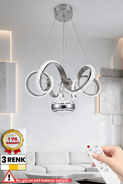 RİZZ İthal Kasa XL 3 Renk Kumandalı Led Avize Kıvrım Toplu Gümüş Kasa Ledli S...