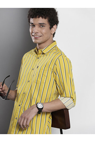 The Indian Garage Co By Styli Men Yellow Regular Fit Striped Shirt