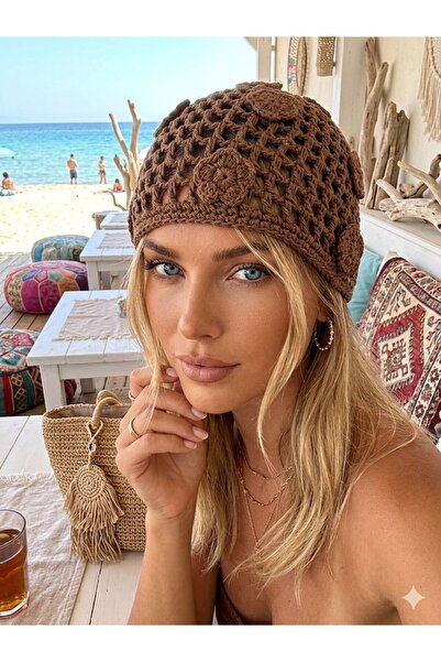 Trend Şapka 19070 Açık Kahve El Yapımı Fileli Örgü Bandana Şapka Bere