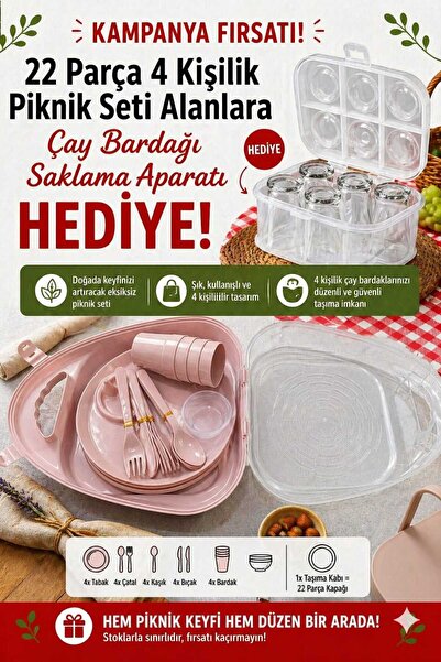 ZİVORA 22 Parça 4 Kişilik Piknik Seti Taşıma Çantalı Tabak Bardak Çatal Kaşık...