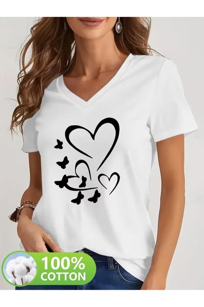 puolikuu Tricou cu decolteu în V, confortabil, cu imprimeu mixt, pentru femei