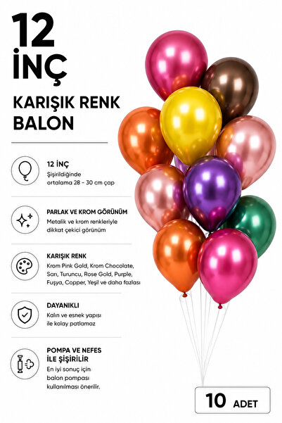 Organizasyon Pazarı 10 Adet 12 İnç Orta Boy Karışık Renkli Balon Seti | Dekor...