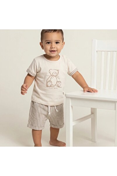 BEBLY Teddy Bear Printed Striped Muslin Shorts 2-Piece Baby Boy Set