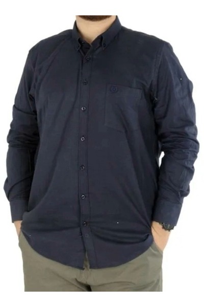 cusseli Large Size Men's Long Sleeve Linen Pocket Shirt C20386 Dark Blue