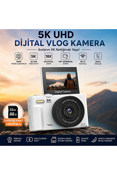 ROBEVE 5K UHD 75MP Dijital Fotoğraf Makinesi Vlog Kamera – 18X Dijital Zoom, ...