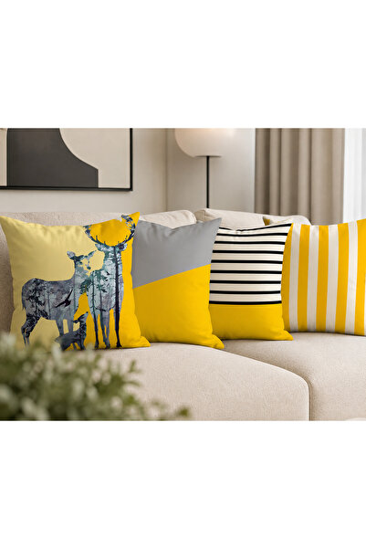 stellahomes Modern Sarı Çizgili Dekoratif Kırlent Kılıfı Seti Geyik Desenli K...