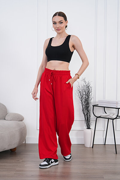 Niora Moda بنطلون أحمر من مزيج الكتان بقصة فضفاضة من Belmando