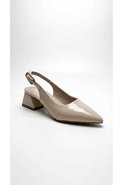 Daytex Women's Beige Patent Leather Pointed Toe Thick Heeled Shoes - Gold Buc...