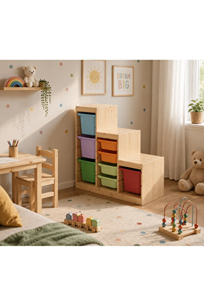 Doğal Yuvam Montessori Doğal Ahşap Basamaklı Oyuncak Dolabı – Kutulu Çocuk Od...